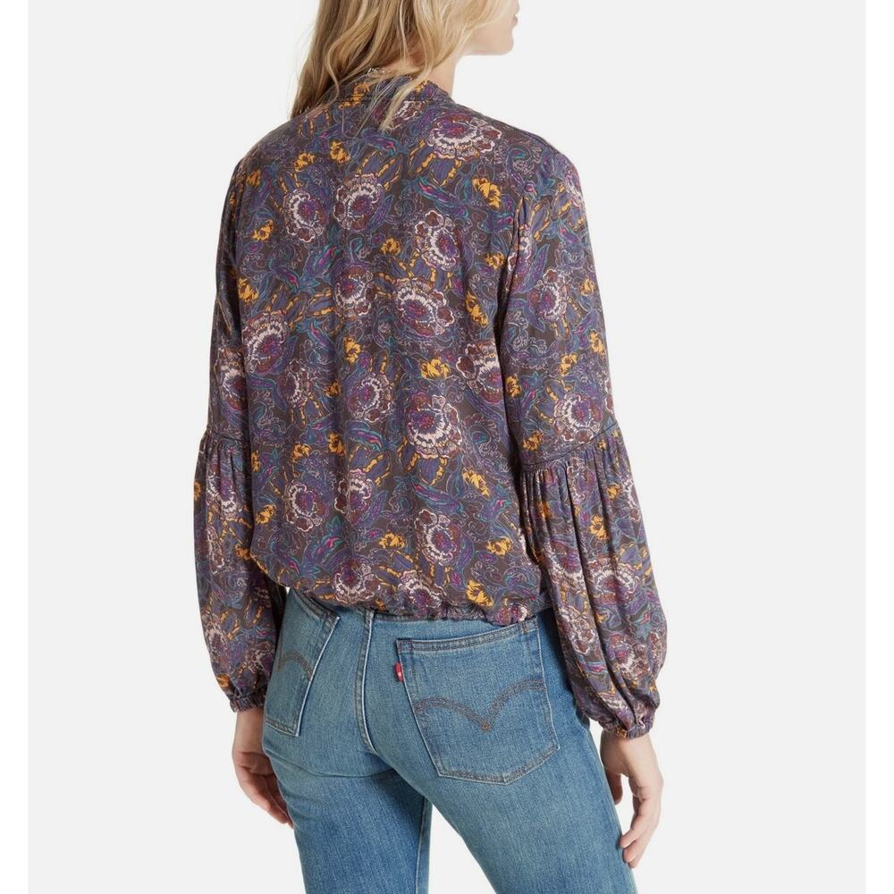Free People Soft Printed Balloon Sleeve Jacket Size XS Purple Floral Boho Zip-Up - Picture 4 of 13